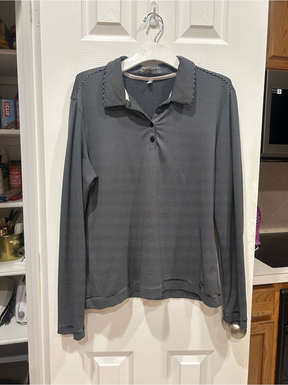 Nike Men's Long-Sleeve Golf Polo in Black and White Pinstripe